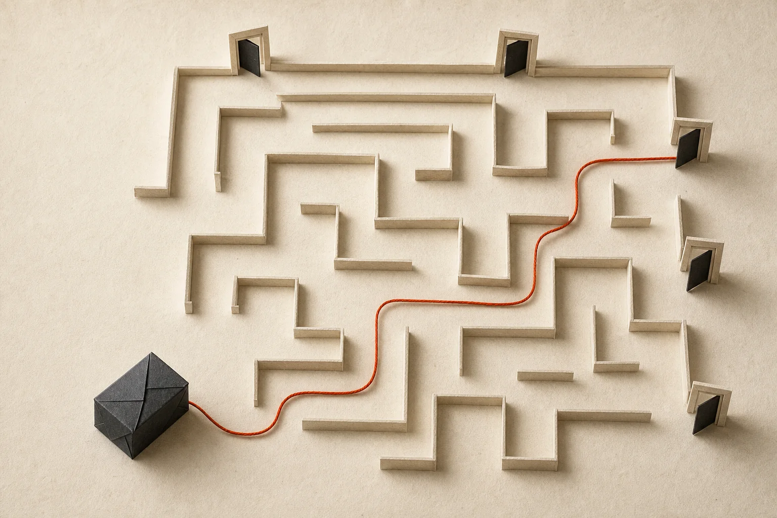 An orange thread finding one route from a finished paper object through a quiet maze